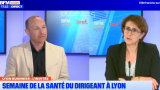 Alban Razia (Bref Eco) et Carole Bourget-Martin (Harmonie Mutuelle) sur le plateau de BFM Lyon.
