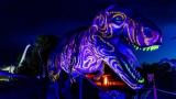 Un T.rex en animatronics animé grandeur nature la gueule ouverte de nuit avec des lumières phosphorescente, dans le parc en extérieur. Au second plan un immense dinosaure au long cou.