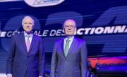 Florent Menegaux (à gauche), président du Groupe Michelin, et Yves Chapot, gérant et directeur financier du groupe lors de la dernière AG des actionnaires Michelin au zénith d'Auvergne, le 17 mai 2024