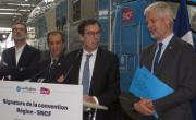 Frédéric Aguilera, vice-président aux Transports du Conseil régional, Christophe Fanichet, président de SNCF Voyageurs, Jean-Pierre Farandou, président du Groupe SNCF et Laurent Wauquiez, président du Conseil régional Auvergne-Rhône-Alpes étaient présents à Vénissieux le 15 février.