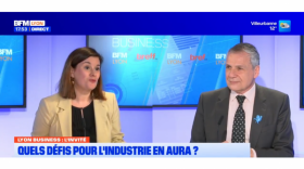 Corinne Delisle (Bref Eco) et Fabien Vincentz (Evolis) sur le plateau de BFM Lyon.