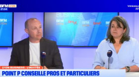 Alban Razia (Bref Eco) et Delphine Dana Condamin (Point.P) sur le plateau de BFM Lyon.