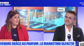 Corinne Delisle (Bref Eco) et Stéphane Arfi (Emosens) sur le plateau de Focus Eco chez BFM Lyon.