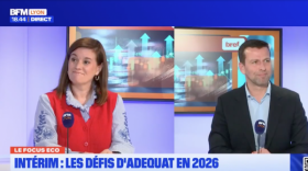 Corinne Delisle (Bref Eco) et Terence Hamel (Groupe Adequat) sur le plateau de Focus Eco chez BFM Lyon.