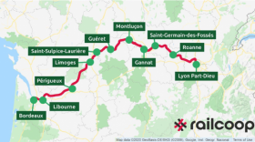 une carte de France indiquant en vert les principales gares desservies et le trajet de la ligne Bordeaux-Lyon