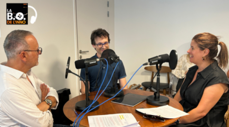 François-Pierre Salamand (Plus2Sens), Thomas Lonjaret (MinMaxMédical) et Corinne Delisle (Bref Eco) lors du l'enregistrement du podcast La B.O de l'Inno chez ATS Studio.