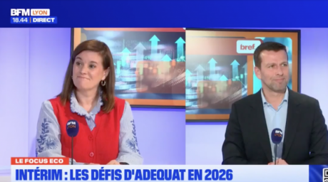 Corinne Delisle (Bref Eco) et Terence Hamel (Groupe Adequat) sur le plateau de Focus Eco chez BFM Lyon.