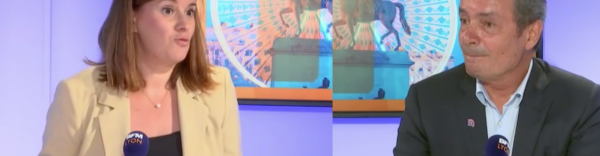 Corinne Delisle (Bref Eco) et Gilles Courteix (Medef Lyon Rhône) sur le plateau de BFM Lyon.