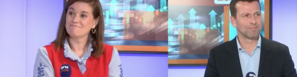 Corinne Delisle (Bref Eco) et Terence Hamel (Groupe Adequat) sur le plateau de Focus Eco chez BFM Lyon.