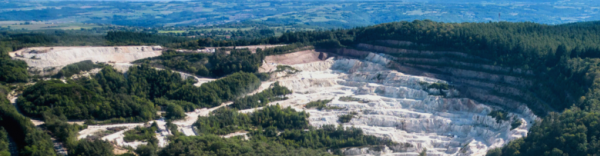 Une mine a ciel ouvert avec des arbres et forêts et des strates de kaolin blanches