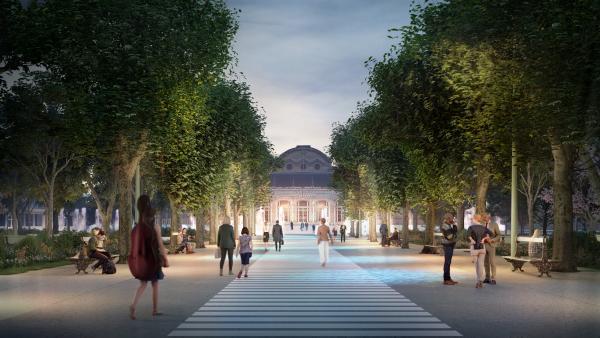 une vue d'architecte montrant une allée principale avec des gens se baladant sous une allée d'arbres et devant le palais des congrès de Vichy 
