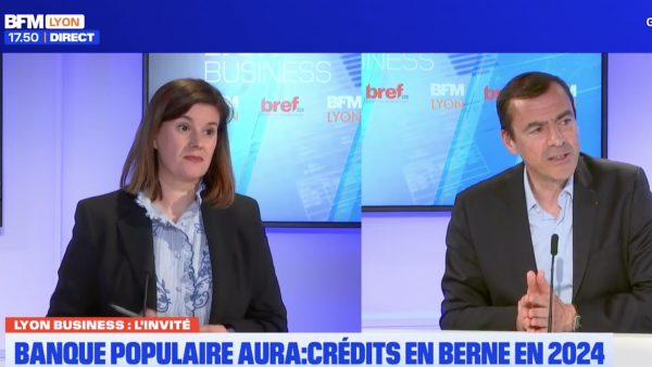Corinne Delisle (Bref Eco) et Daniel Karyotis (Banque populaire Auvergne Rhône-Alpes) sur le plateau de BFM Lyon.