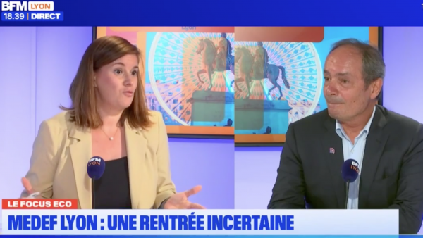 Corinne Delisle (Bref Eco) et Gilles Courteix (Medef Lyon Rhône) sur le plateau de BFM Lyon.
