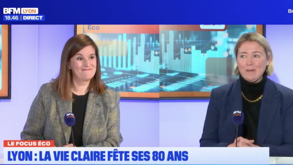 Corinne Delisle (Bref Eco) et Christelle Le Hir (La Vie Claire) sur le plateau de Focus Eco chez BFM Lyon.