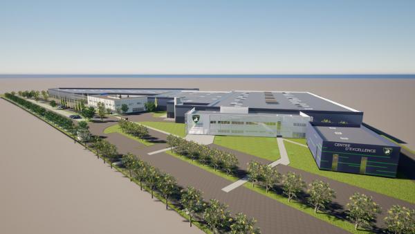 Vue du centre d’excellence et de l’agrandissement à gauche.