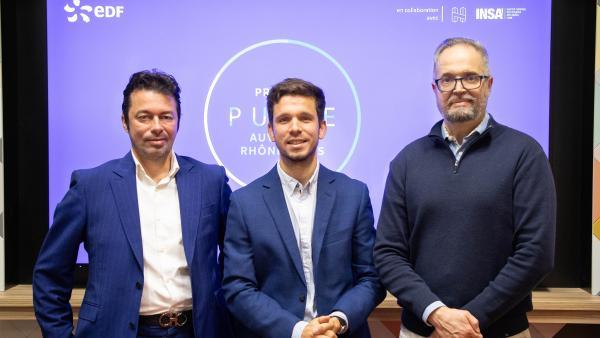 Frédéric Sarrazin, Directeur EDF Commerce Auvergne-Rhône-Alpes, Julien Marbouty, Directeur de H7, Laurent Picheral, Directeur du Développement, des Partenariats Entreprises et de la Fondation INSA Lyon.