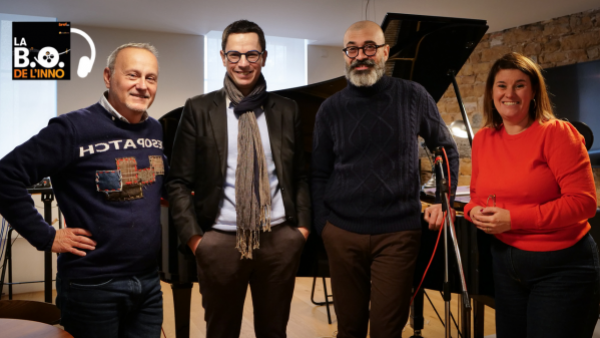 François-Pierre Salamand (Plus2Sens), Rémi Berger (GCK), Marco Busetta (ATS Studios) et Corinne Delisle (Bref Eco) lors de l'enregistrement du podcast La B.O de l'Inno.